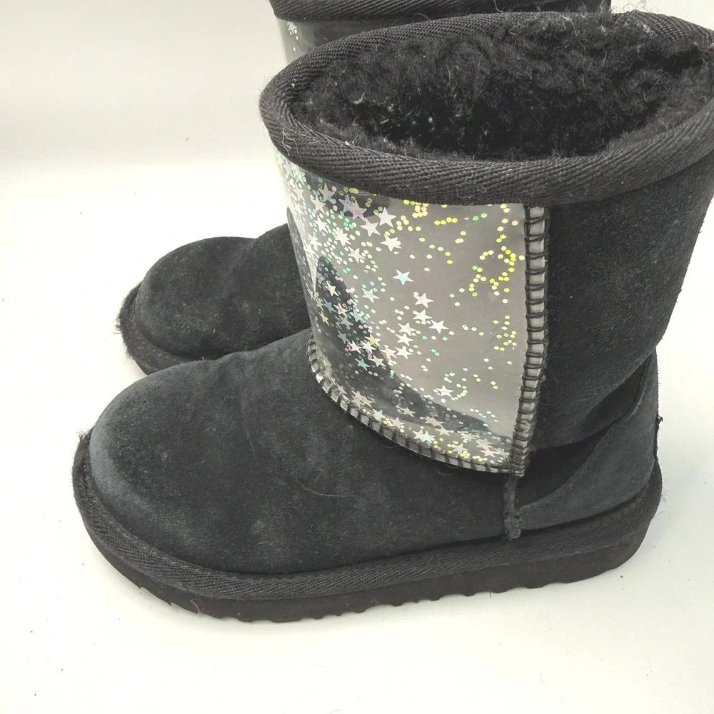 UGG‎ Classic Kids 11 Black Suede Glitter Star Sheepskin Lined Kidcore Cozy